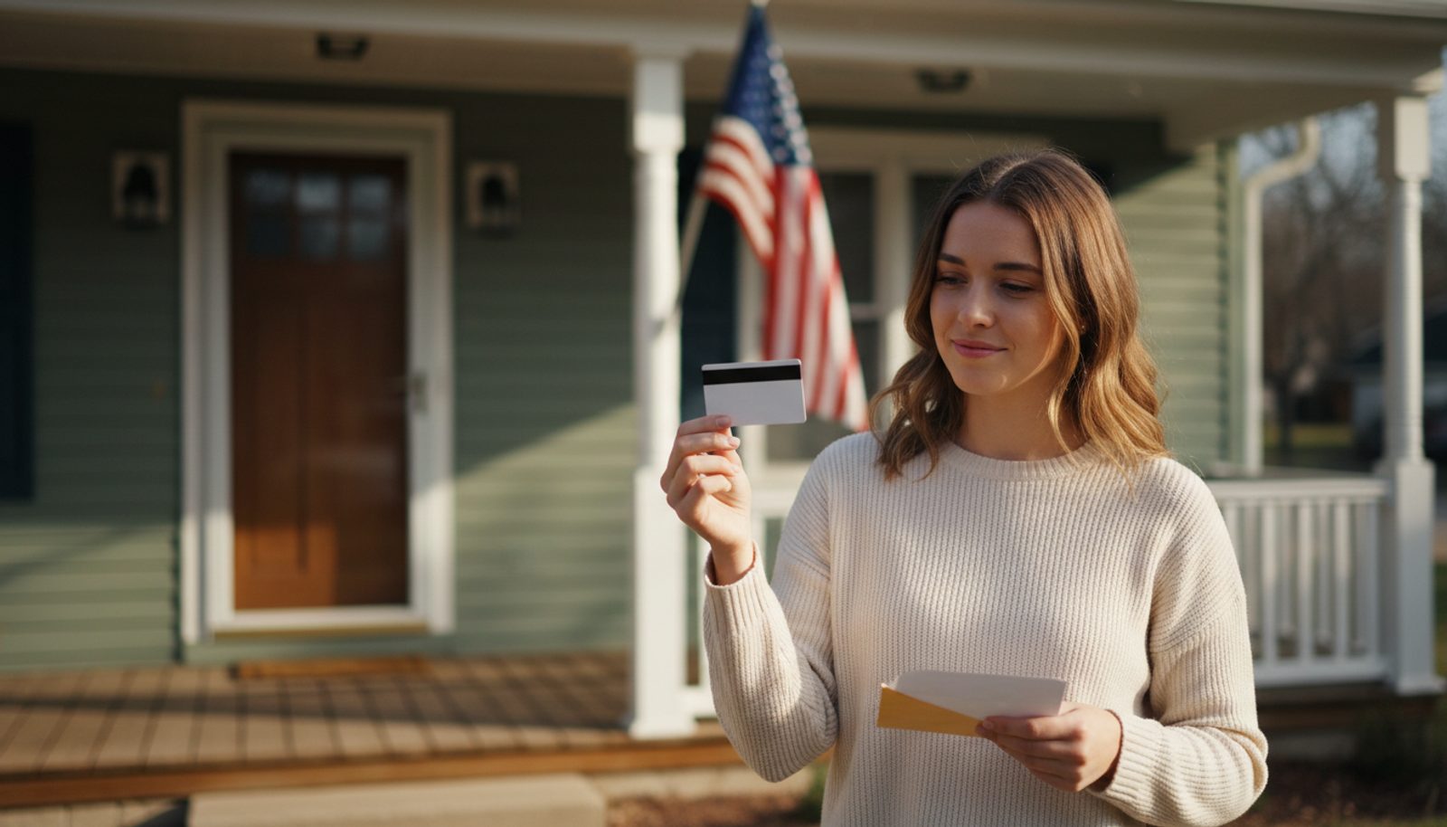 A woman on her front porch, holding the new credit card that came in the mail