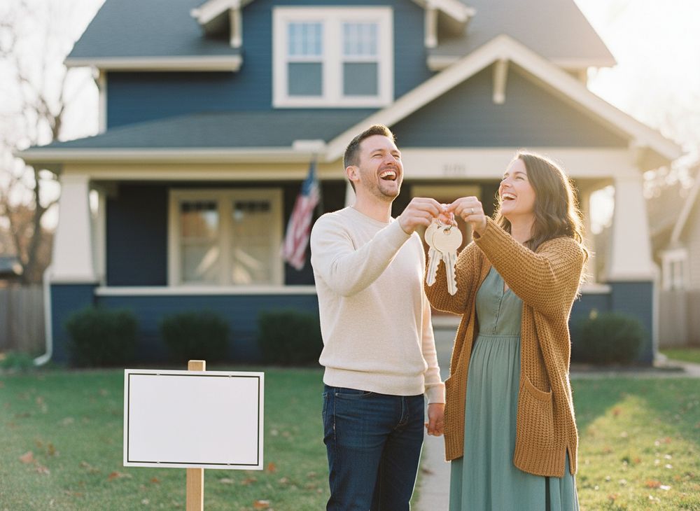 Una pareja riendo frente a su primera casa, con las llaves en alto